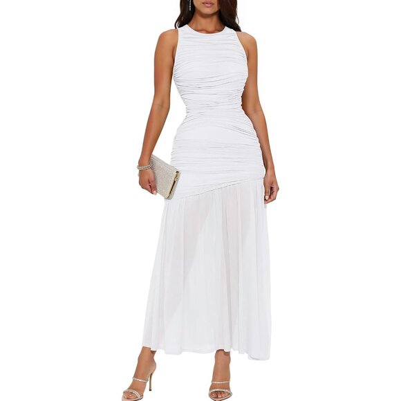 Women's Mesh Ruched Maxi Dress Sleeveless Long Evening Out Casual - Picture 1 of 7